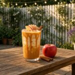 Apple Orchard Fizz dirty soda: cream soda with apple cider, caramel syrup and cream over pebble ice.