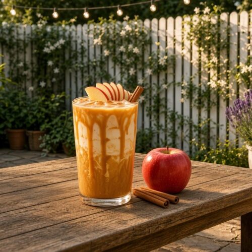 Apple Orchard Fizz dirty soda: cream soda with apple cider, caramel syrup and cream over pebble ice.