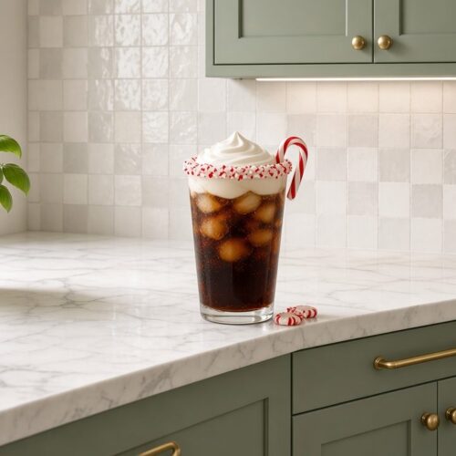 Candy Cane Cola dirty soda: Coke with peppermint syrup, vanilla syrup and cream over pebble ice.