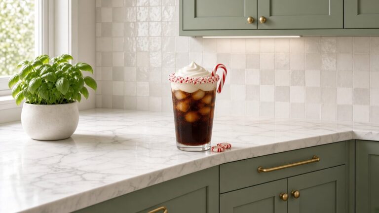 Candy Cane Cola dirty soda: Coke with peppermint syrup, vanilla syrup and cream over pebble ice.