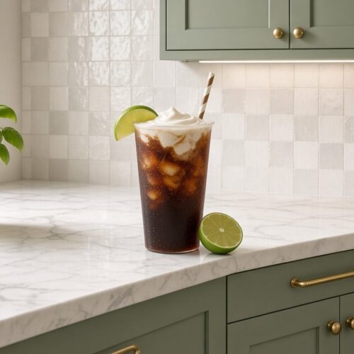 Coconut Lime Dr Pepper (The Dirty Doc) dirty soda: Dr Pepper with coconut syrup, fresh lime juice and cream over pebble ice.