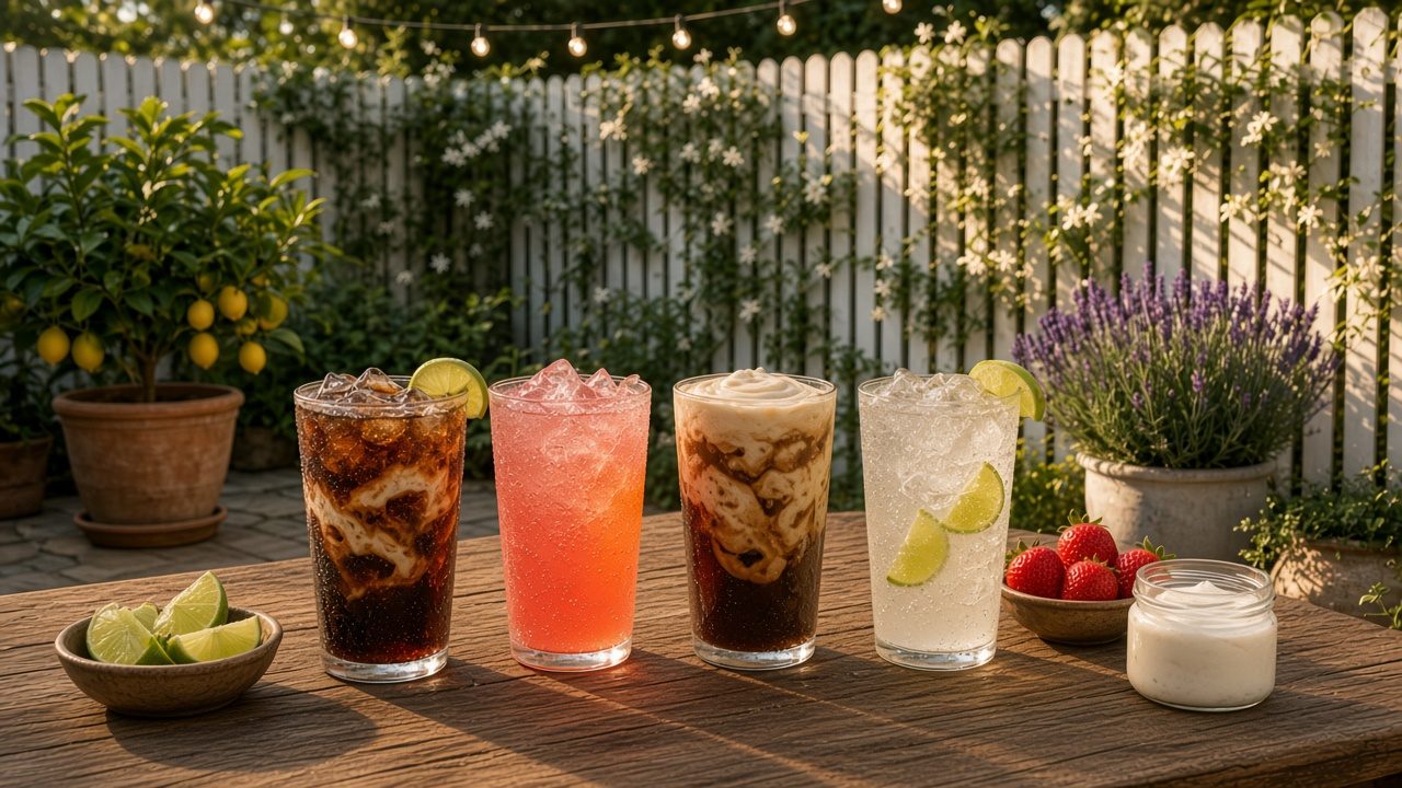A row of colorful alcohol-free dirty sodas with cream swirls and fruit garnishes