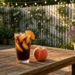 Peaches & Cream Pepper dirty soda: Dr Pepper with peach syrup, vanilla syrup and cream over pebble ice.