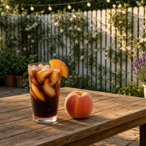 Peaches & Cream Pepper dirty soda: Dr Pepper with peach syrup, vanilla syrup and cream over pebble ice.