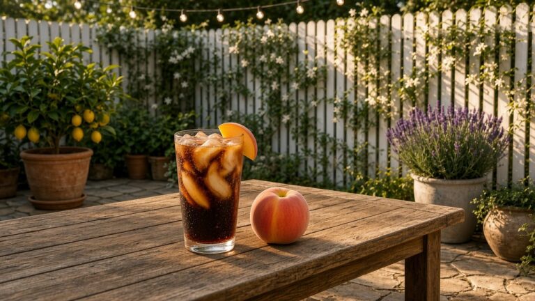 Peaches & Cream Pepper dirty soda: Dr Pepper with peach syrup, vanilla syrup and cream over pebble ice.