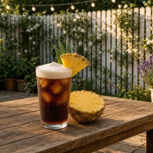 Pineapple Luau Cola dirty soda: Coke with pineapple syrup and cream over pebble ice.