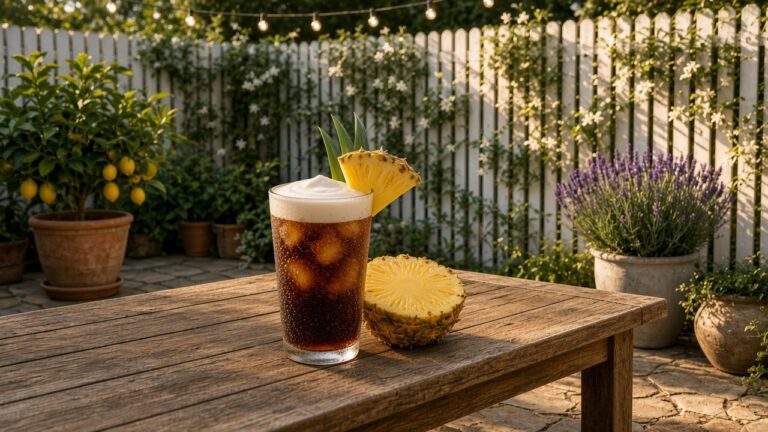 Pineapple Luau Cola dirty soda: Coke with pineapple syrup and cream over pebble ice.