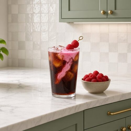 Raspberry Cream Dream dirty soda: Dr Pepper with raspberry syrup, vanilla syrup and cream over pebble ice.