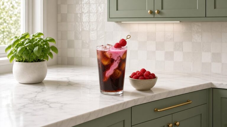 Raspberry Cream Dream dirty soda: Dr Pepper with raspberry syrup, vanilla syrup and cream over pebble ice.