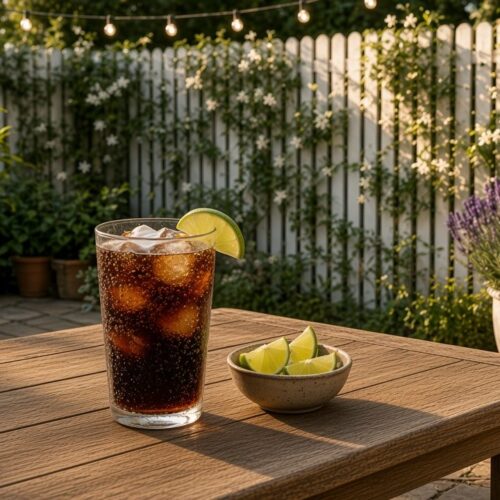 Skinny Island Diet Coke dirty soda: Diet Coke with sugar-free coconut syrup, fresh lime juice and cream over pebble ice.