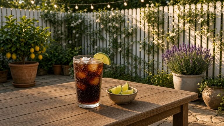 Skinny Island Diet Coke dirty soda: Diet Coke with sugar-free coconut syrup, fresh lime juice and cream over pebble ice.
