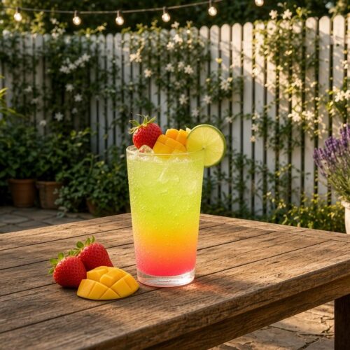 Strawberry Mango Sunshine Sprite dirty soda: Sprite with strawberry syrup, mango syrup, fresh lime juice and cream over pebble ice.